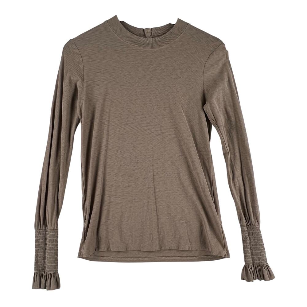Nation LTD Womens Long Sleeve Mock Neck SZ S Taupe Back Snap Ruffle Cuff Pima